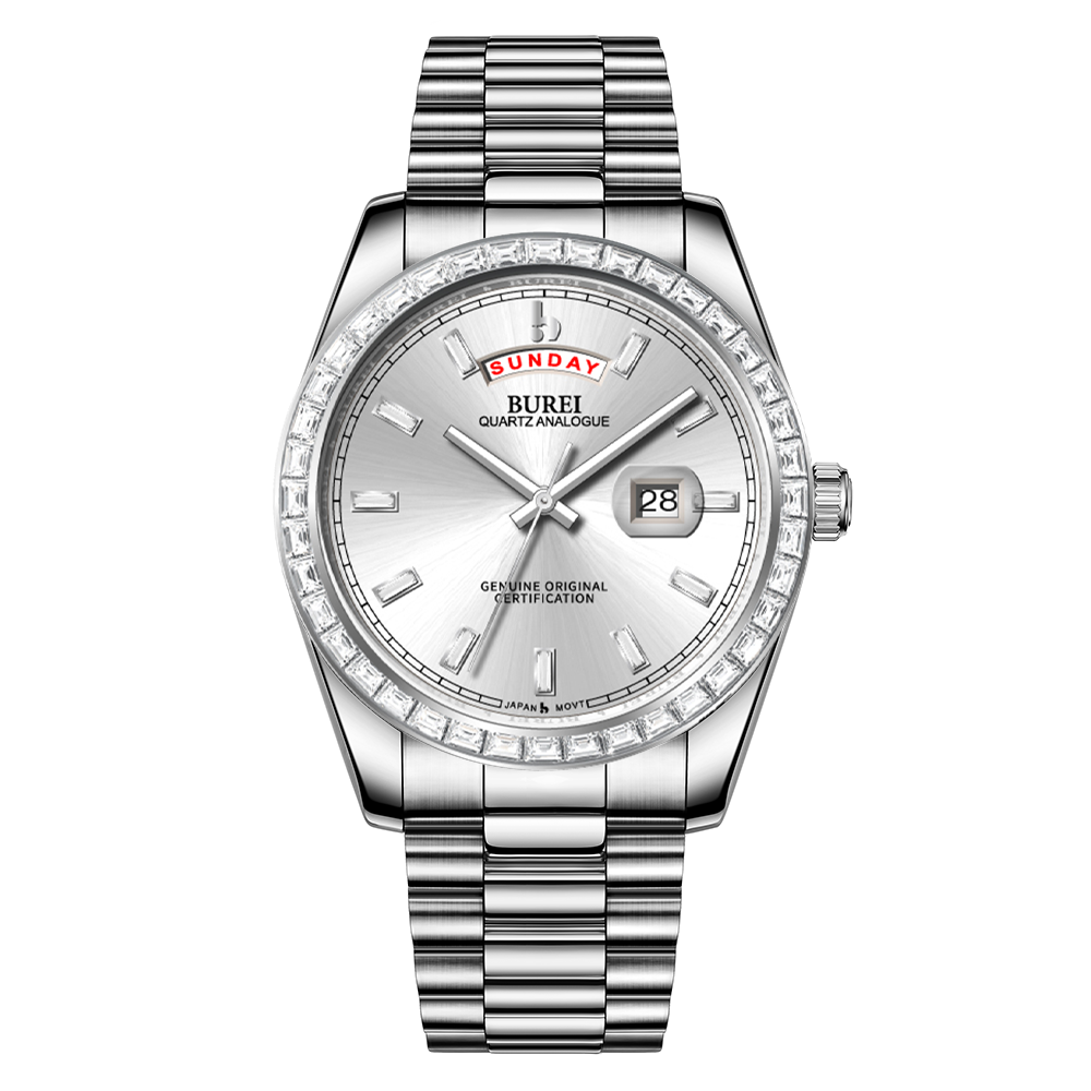 BUREI Mens Watch 41mm, Stainless Steel Analog Quartz, Waterproof with Calendar, Sapphire Crystal Dial, Business Casual Luxury Wristwatch