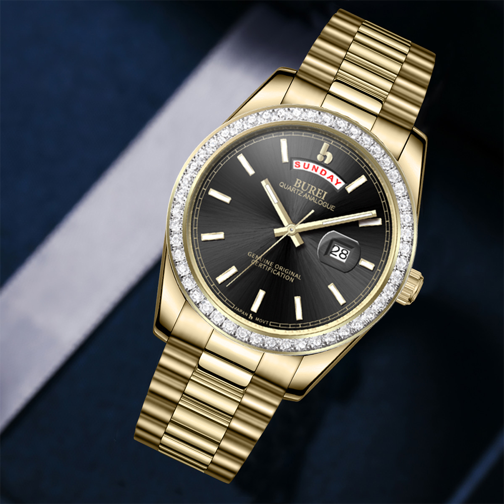 BUREI Mens Watch 41mm, Stainless Steel Analog Quartz, Waterproof with Calendar, Sapphire Crystal Dial, Business Casual Luxury Wristwatch