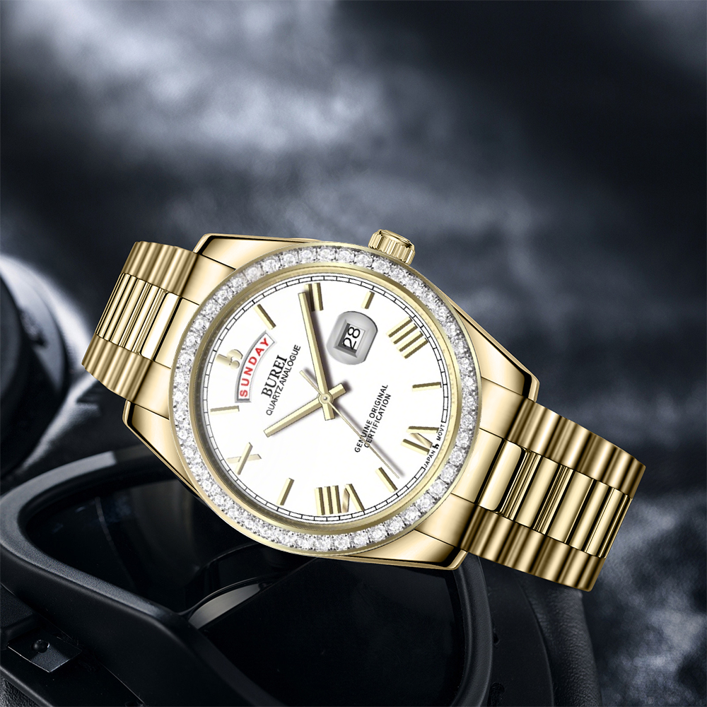 BUREI Mens Watch 41mm, Stainless Steel Analog Quartz, Waterproof with Calendar, Sapphire Crystal Dial, Business Casual Luxury Wristwatch