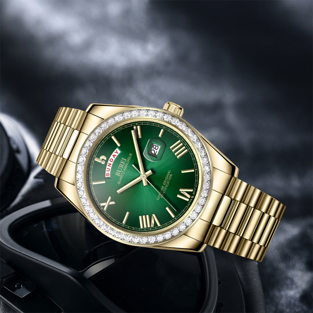 BUREI Mens Watch 41mm, Stainless Steel Analog Quartz, Waterproof with Calendar, Sapphire Crystal Dial, Business Casual Luxury Wristwatch