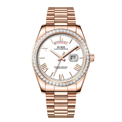 BUREI Mens Watch 41mm, Stainless Steel Analog Quartz, Waterproof with Calendar, Sapphire Crystal Dial, Business Casual Luxury Wristwatch