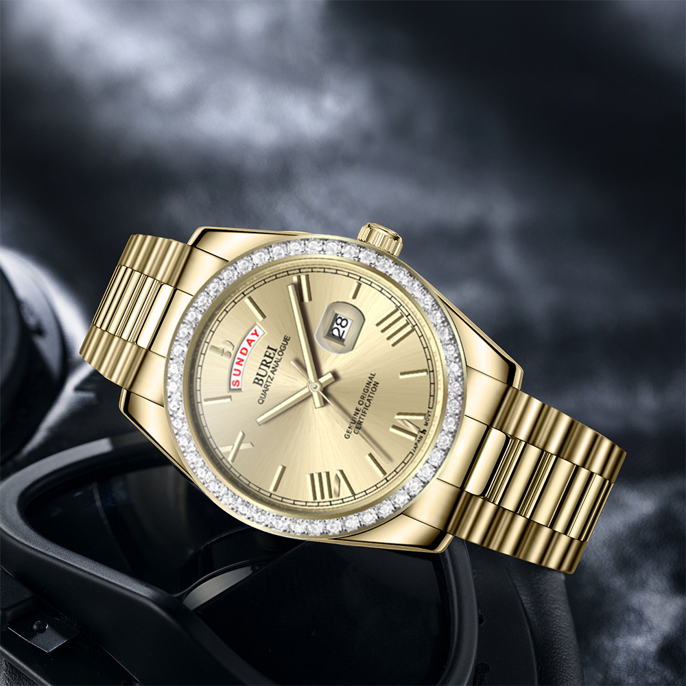 BUREI Mens Watch 41mm, Stainless Steel Analog Quartz, Waterproof with Calendar, Sapphire Crystal Dial, Business Casual Luxury Wristwatch