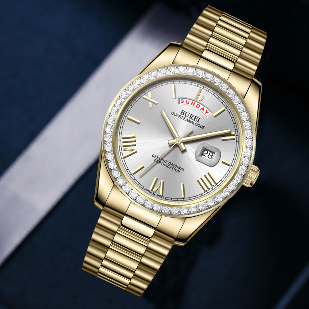 BUREI Mens Watch 41mm, Stainless Steel Analog Quartz, Waterproof with Calendar, Sapphire Crystal Dial, Business Casual Luxury Wristwatch