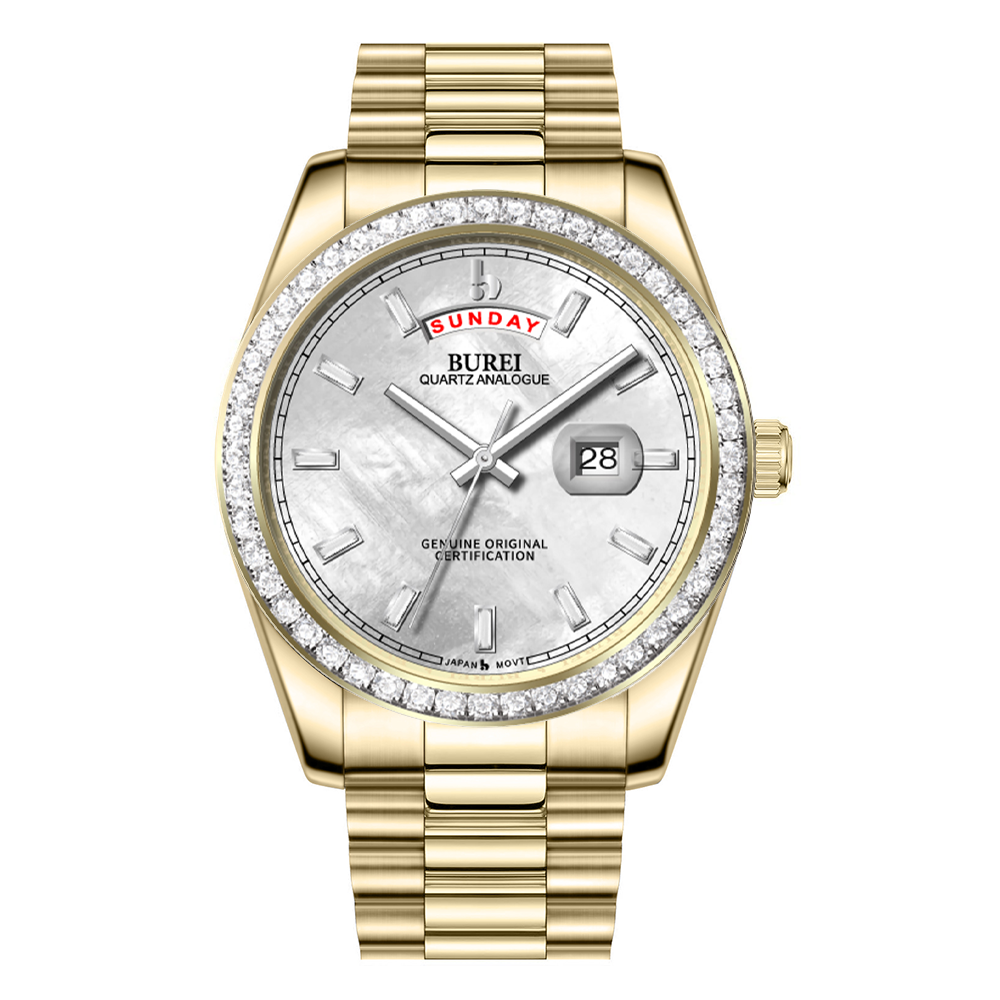BUREI Mens Watch 41mm, Stainless Steel Analog Quartz, Waterproof with Calendar, Sapphire Crystal Dial, Business Casual Luxury Wristwatch