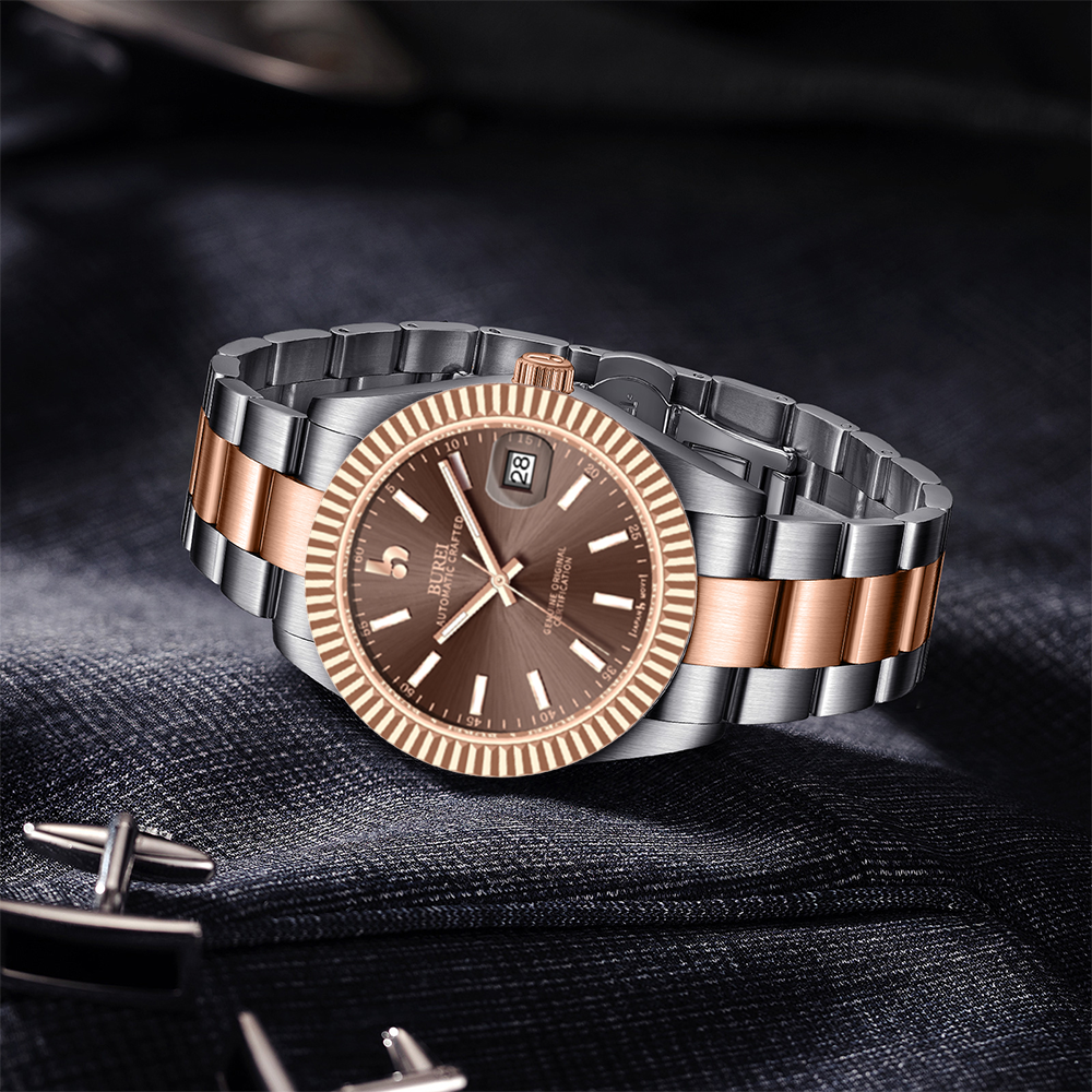 BUREI  Luxury Automatic Watch 36mm, Fashion Waterproof Mechanical Watch, Adjustable Stainless Steel Two Tone Strap