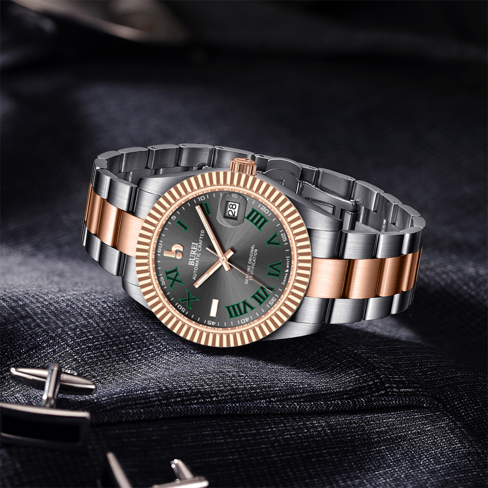 BUREI  Luxury Automatic Watch 36mm, Fashion Waterproof Mechanical Watch, Adjustable Stainless Steel Two Tone Strap