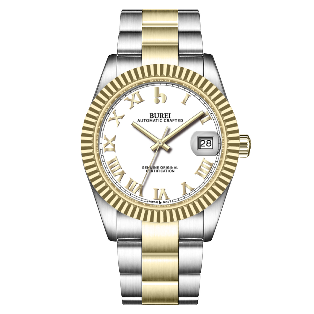 BUREI  Luxury Automatic Watch 36mm, Fashion Waterproof Mechanical Watch, Adjustable Stainless Steel Two Tone Strap