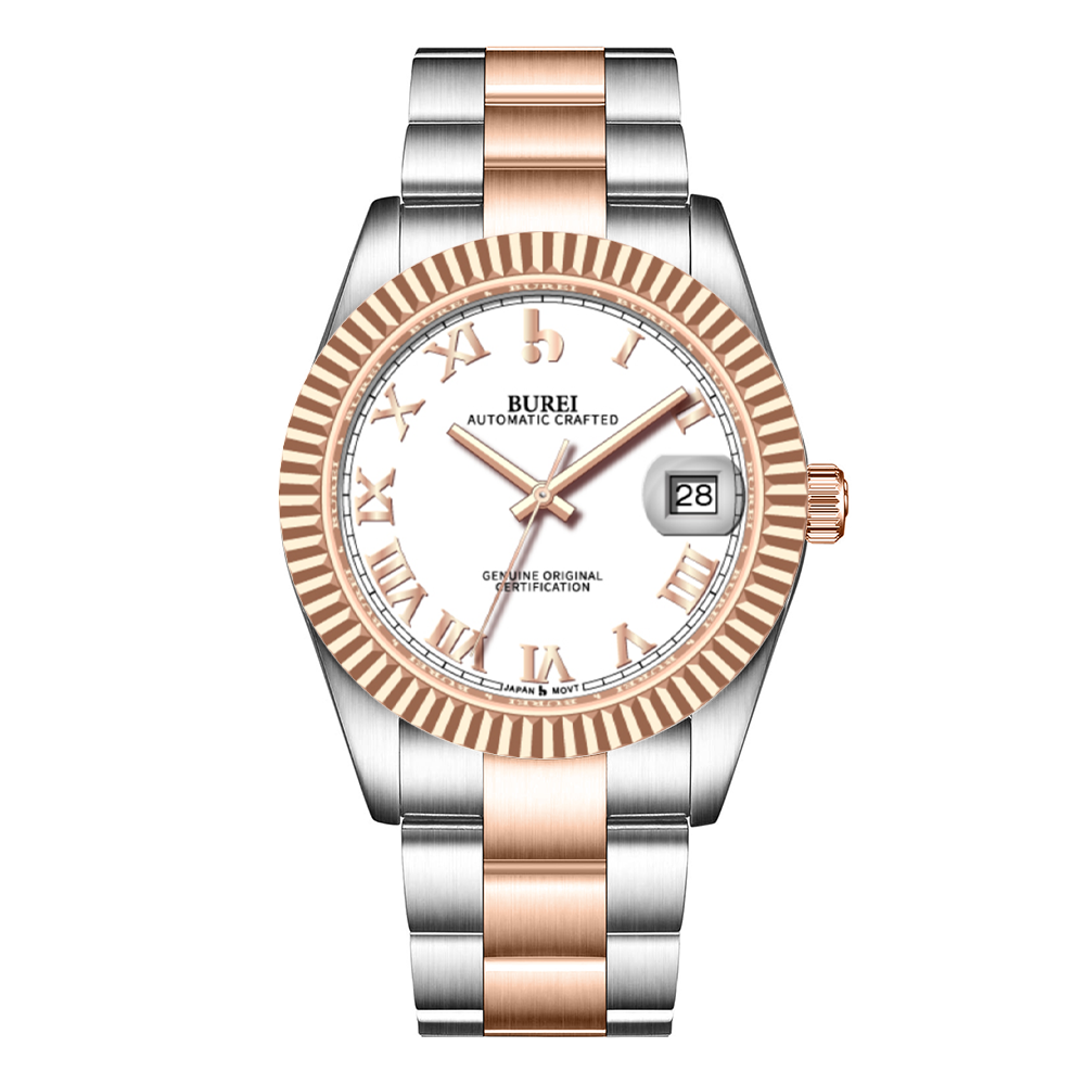 BUREI  Luxury Automatic Watch 36mm, Fashion Waterproof Mechanical Watch, Adjustable Stainless Steel Two Tone Strap