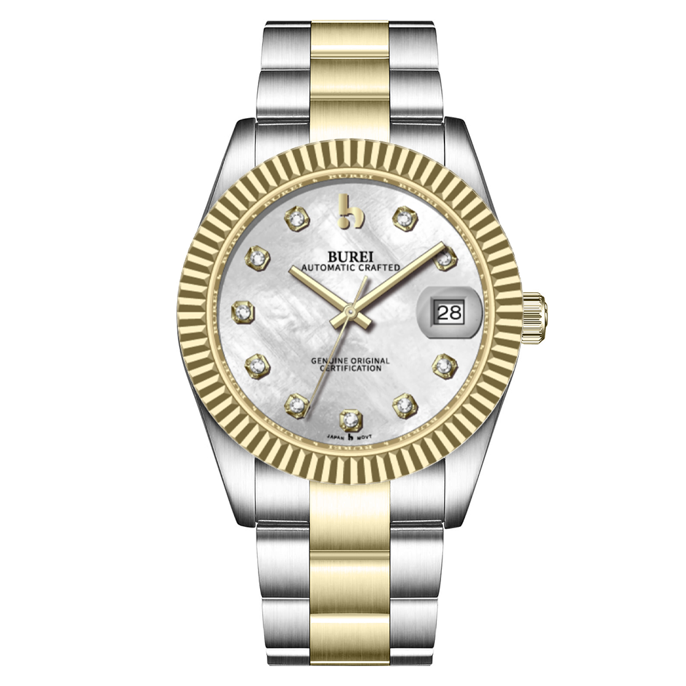 BUREI  Luxury Automatic Watch 36mm, Fashion Waterproof Mechanical Watch, Adjustable Stainless Steel Two Tone Strap