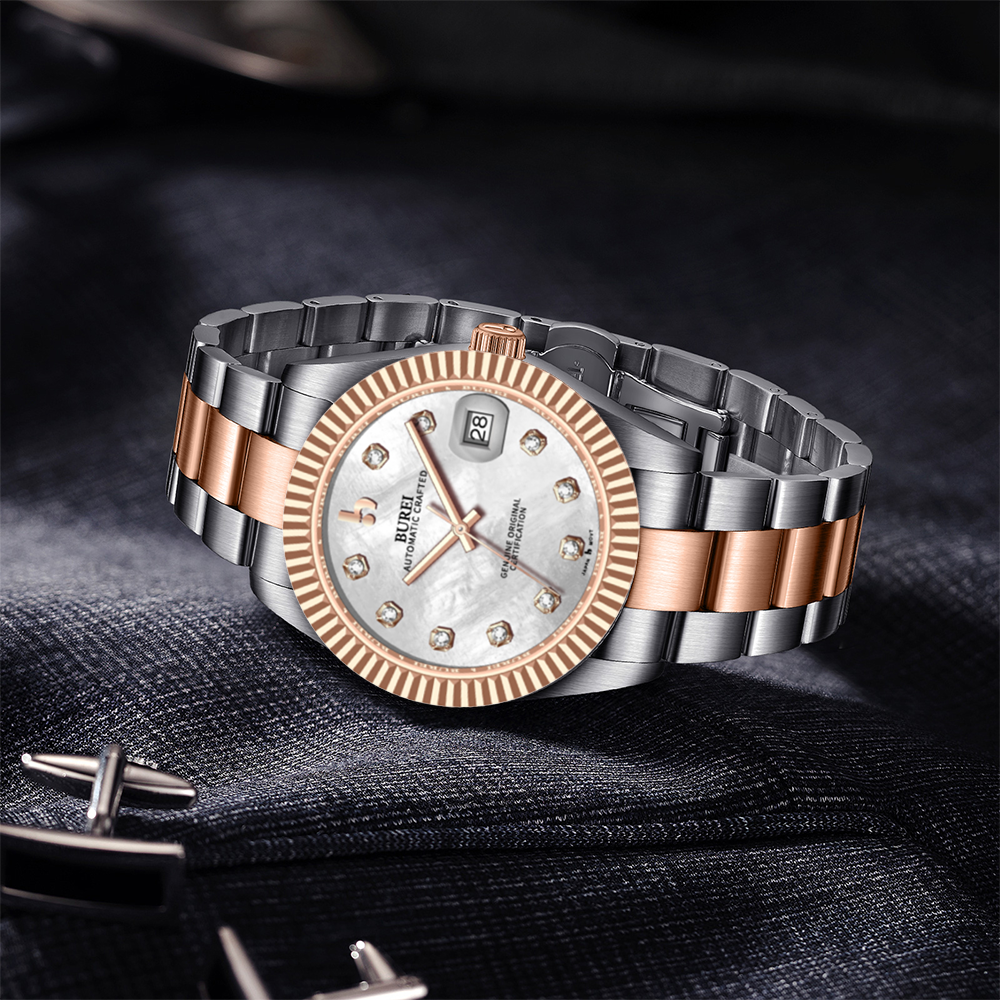 BUREI  Luxury Automatic Watch 36mm, Fashion Waterproof Mechanical Watch, Adjustable Stainless Steel Two Tone Strap
