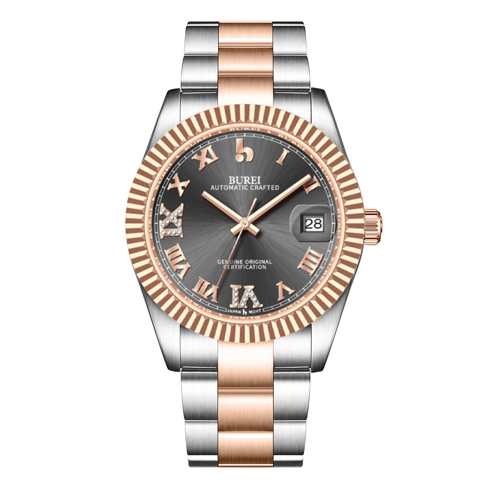 BUREI  Luxury Automatic Watch 36mm, Fashion Waterproof Mechanical Watch, Adjustable Stainless Steel Two Tone Strap