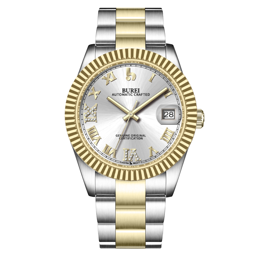 BUREI  Luxury Automatic Watch 36mm, Fashion Waterproof Mechanical Watch, Adjustable Stainless Steel Two Tone Strap