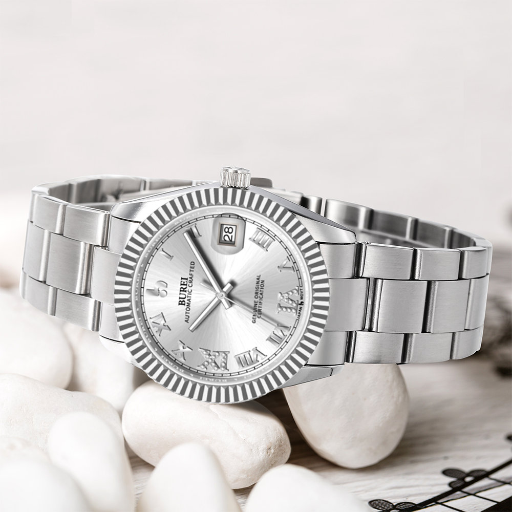 BUREI  Luxury Automatic Watch 36mm, Fashion Waterproof Mechanical Watch, Adjustable Stainless Steel Two Tone Strap