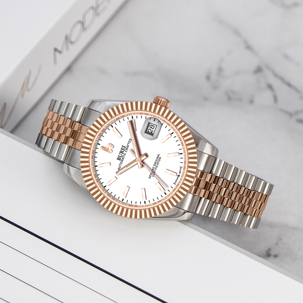 BUREI  Luxury Automatic Watch 36mm, Fashion Waterproof Mechanical Watch, Adjustable Stainless Steel Two Tone Strap