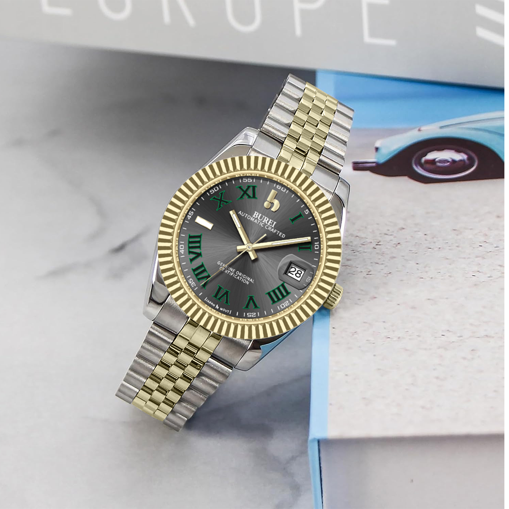 BUREI Luxury Automatic Watch 36mm, Fashion Waterproof Mechanical Watch, Adjustable Stainless Steel Two Tone Strap