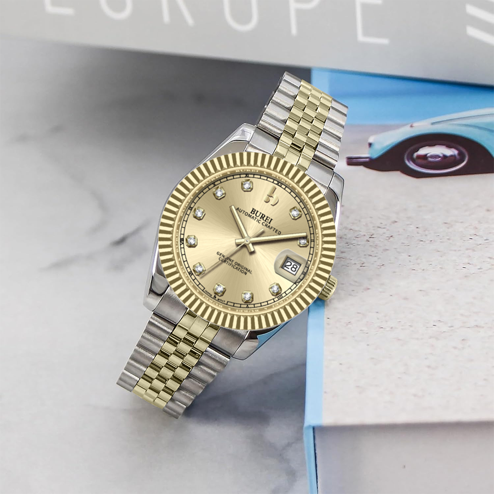 BUREI Luxury Automatic Watch 36mm, Fashion Waterproof Mechanical Watch, Adjustable Stainless Steel Two Tone Strap