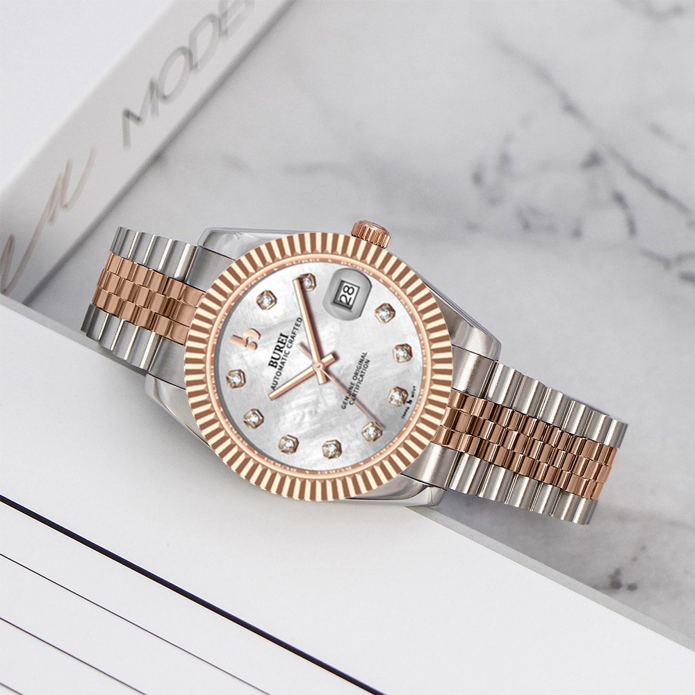 BUREI Luxury Automatic Watch 36mm, Fashion Waterproof Mechanical Watch, Adjustable Stainless Steel Two Tone Strap