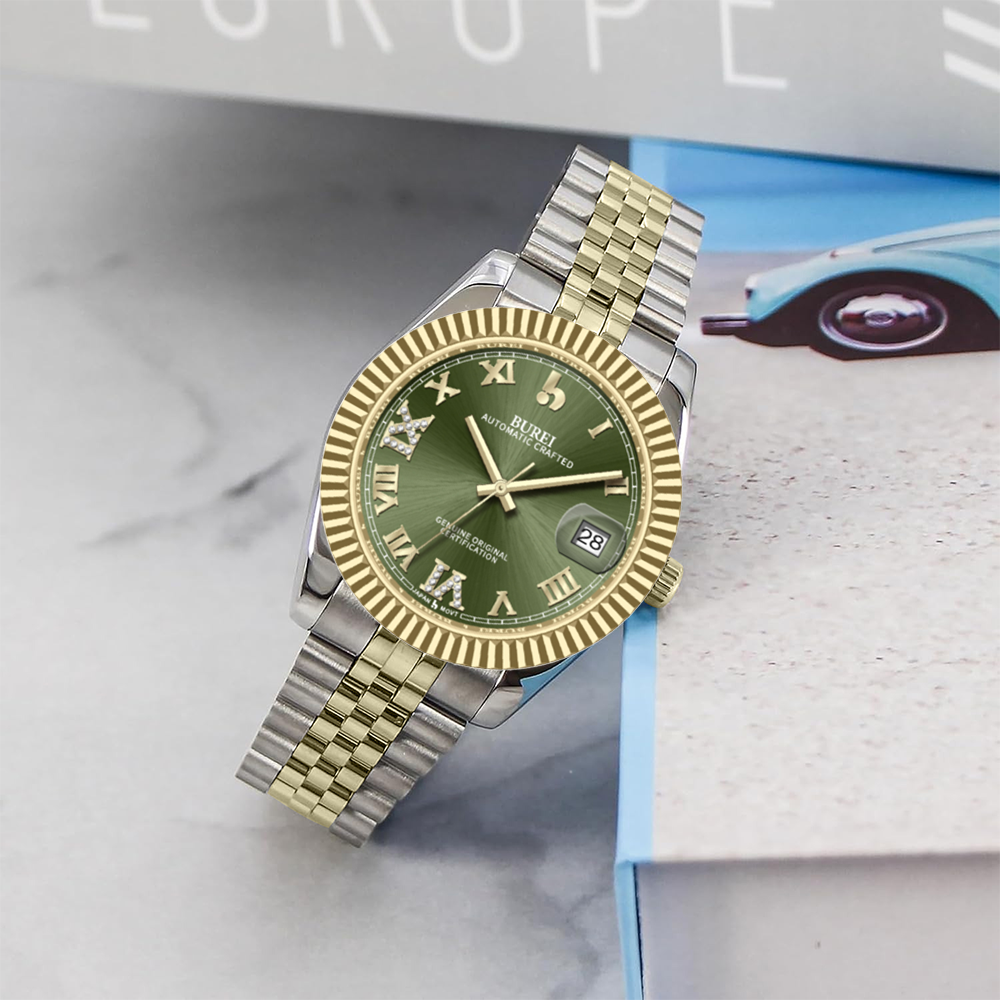 BUREI Luxury Automatic Watch 36mm, Fashion Waterproof Mechanical Watch, Adjustable Stainless Steel Two Tone Strap