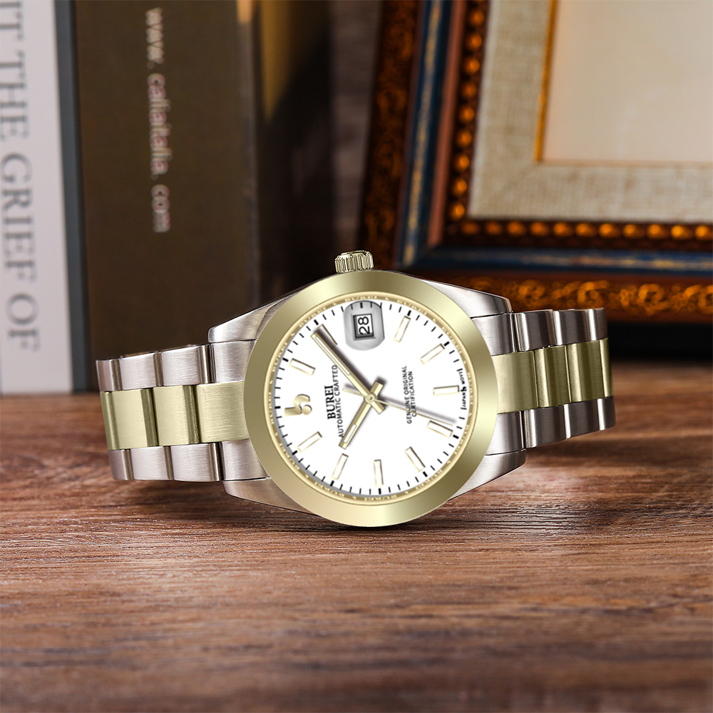 BUREI Luxury Automatic Watch 36mm, Fashion Waterproof Mechanical Watch, Adjustable Stainless Steel Two Tone Strap