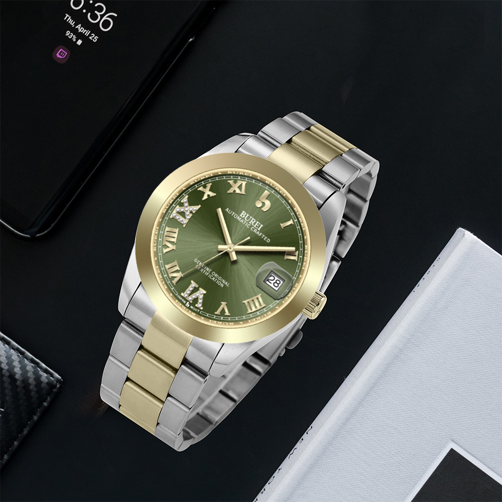 BUREI Luxury Automatic Watch 36mm, Fashion Waterproof Mechanical Watch, Adjustable Stainless Steel Two Tone Strap