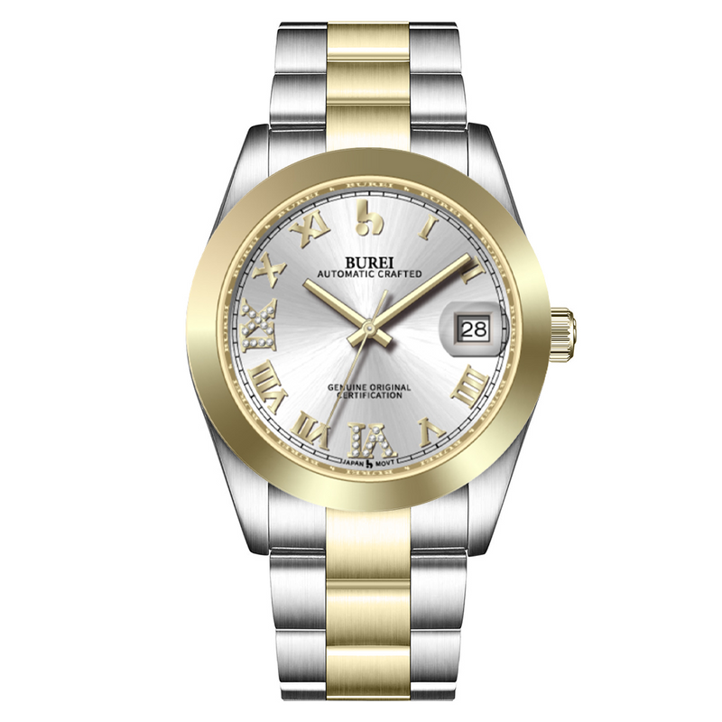 BUREI Luxury Automatic Watch 36mm, Fashion Waterproof Mechanical Watch, Adjustable Stainless Steel Two Tone Strap