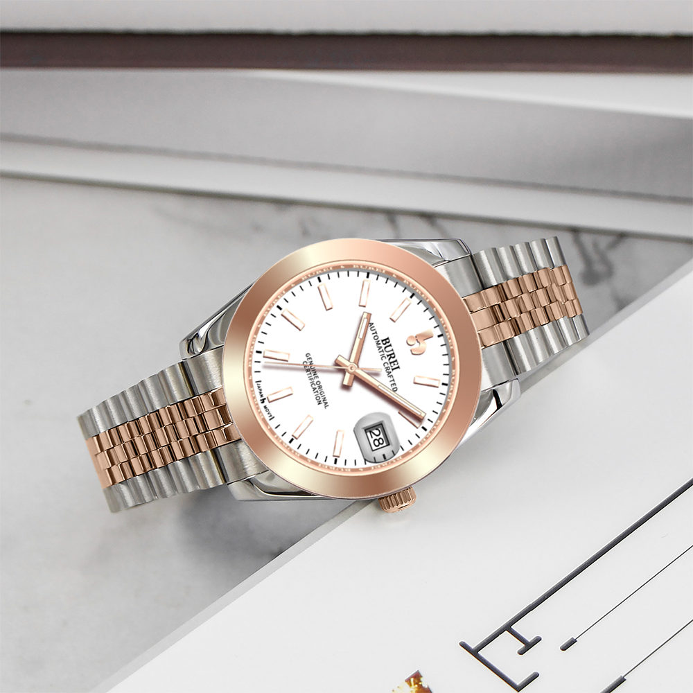 BUREI Luxury Automatic Watch 36mm, Fashion Waterproof Mechanical Watch, Adjustable Stainless Steel Two Tone Strap