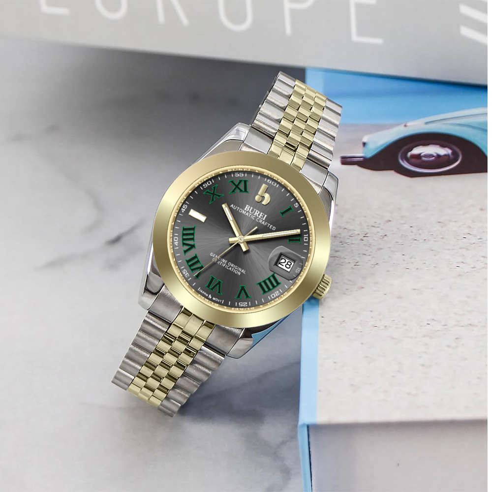 BUREI Luxury Automatic Watch 36mm, Fashion Waterproof Mechanical Watch, Adjustable Stainless Steel Two Tone Strap