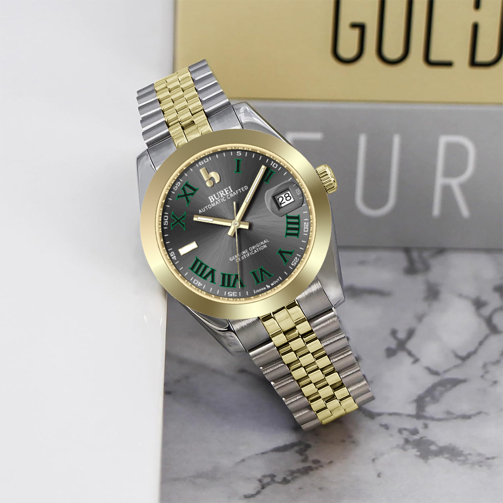 BUREI Luxury Automatic Watch 36mm, Fashion Waterproof Mechanical Watch, Adjustable Stainless Steel Two Tone Strap