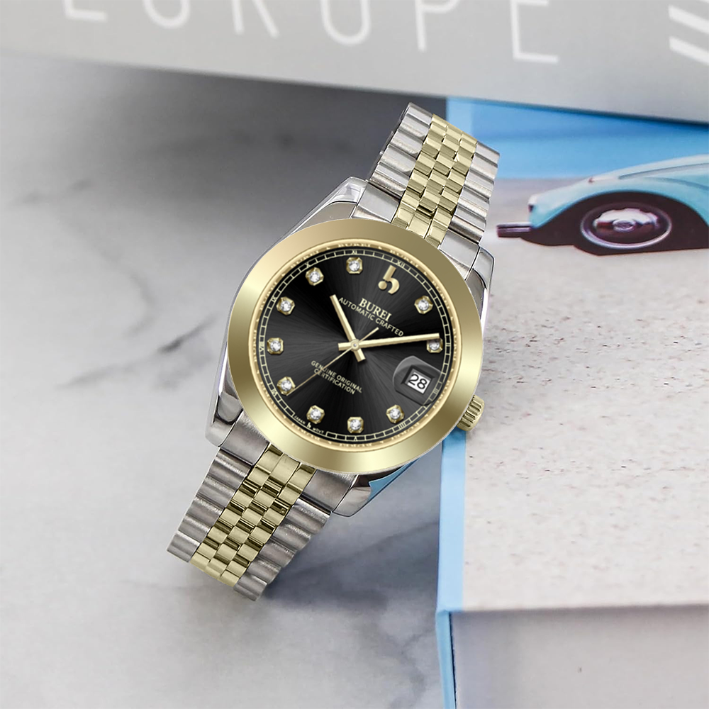 BUREI Luxury Automatic Watch 36mm, Fashion Waterproof Mechanical Watch, Adjustable Stainless Steel Two Tone Strap