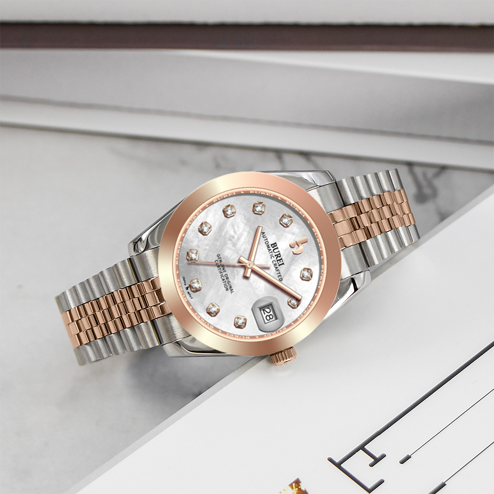 BUREI Luxury Automatic Watch 36mm, Fashion Waterproof Mechanical Watch, Adjustable Stainless Steel Two Tone Strap
