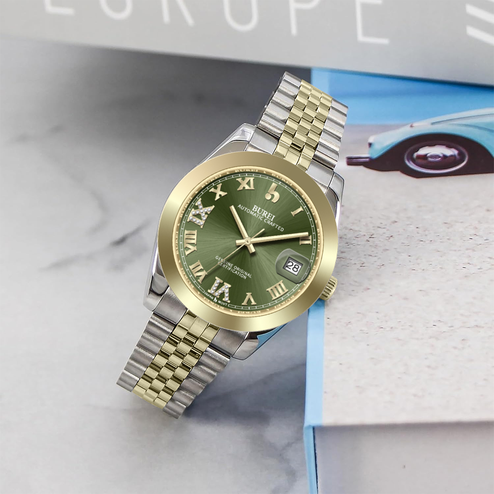 BUREI Luxury Automatic Watch 36mm, Fashion Waterproof Mechanical Watch, Adjustable Stainless Steel Two Tone Strap