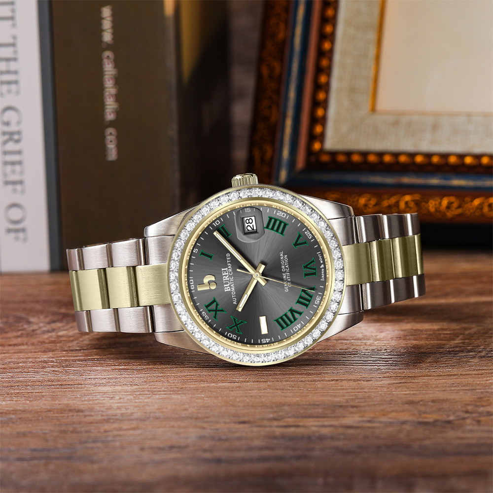 BUREI Luxury Automatic Watch 36mm, Fashion Waterproof Mechanical Watch, Adjustable Stainless Steel Two Tone Strap