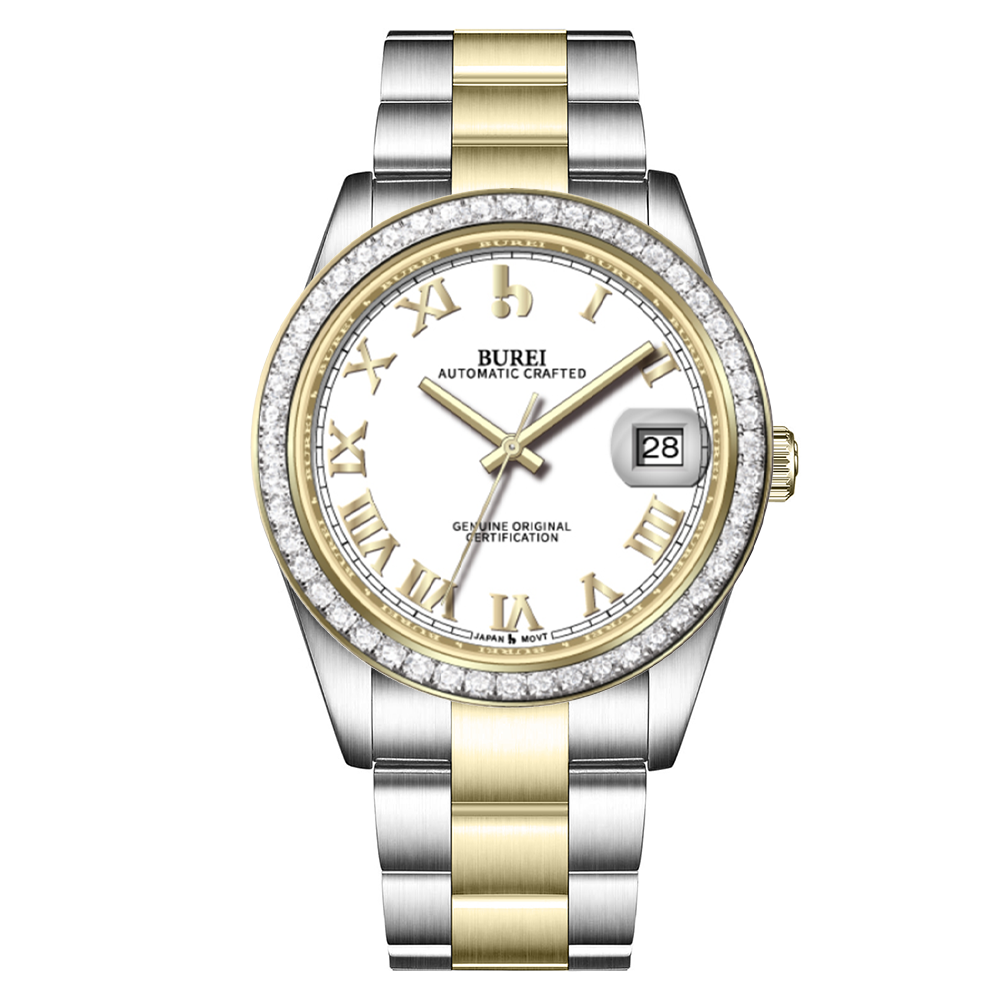 BUREI Luxury Automatic Watch 36mm, Fashion Waterproof Mechanical Watch, Adjustable Stainless Steel Two Tone Strap