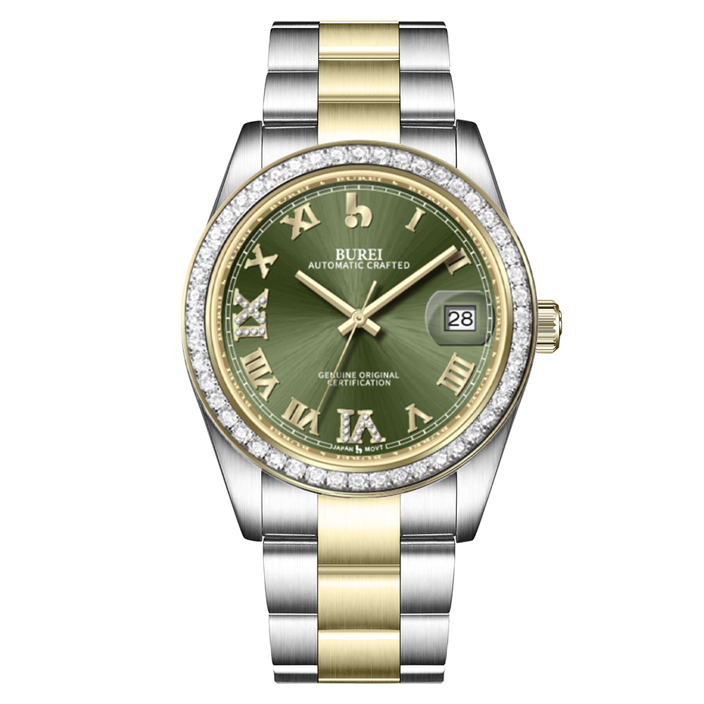 BUREI Luxury Automatic Watch 36mm, Fashion Waterproof Mechanical Watch, Adjustable Stainless Steel Two Tone Strap