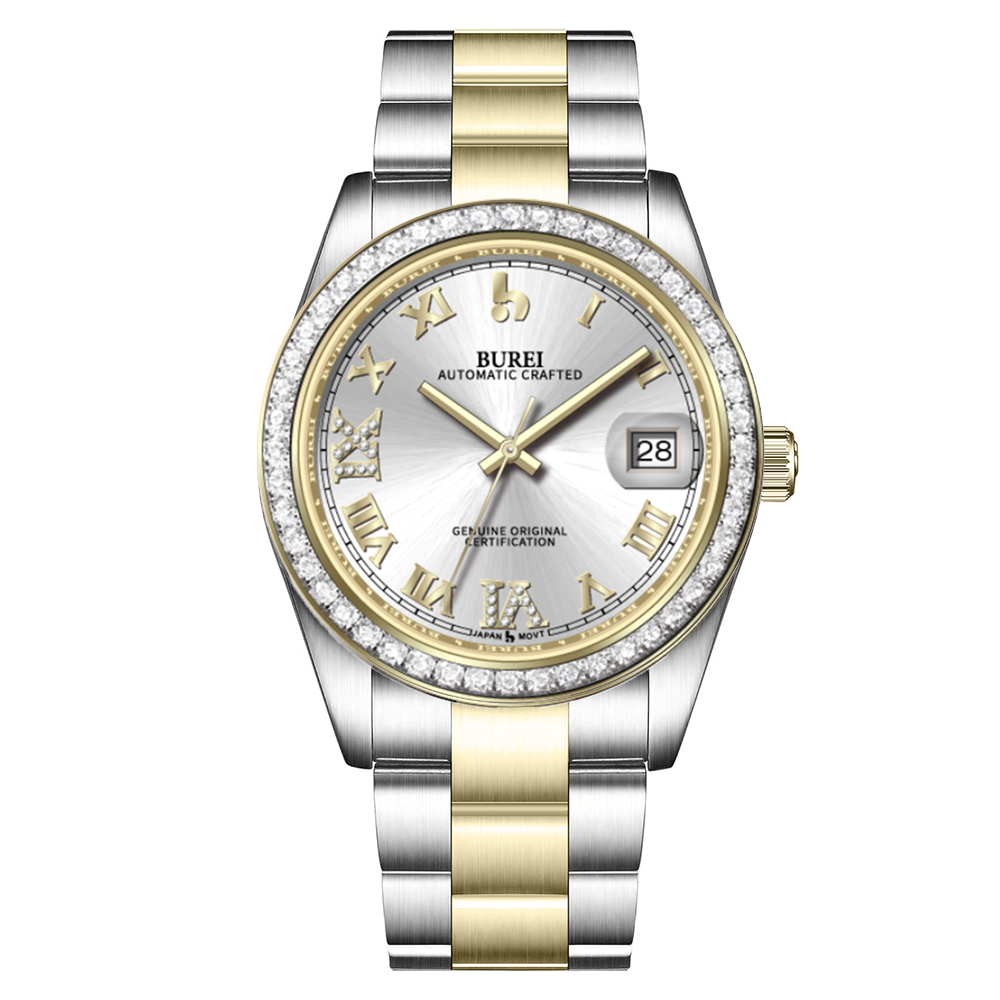 BUREI Luxury Automatic Watch 36mm, Fashion Waterproof Mechanical Watch, Adjustable Stainless Steel Two Tone Strap