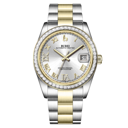 BUREI Luxury Automatic Watch 36mm, Fashion Waterproof Mechanical Watch, Adjustable Stainless Steel Two Tone Strap
