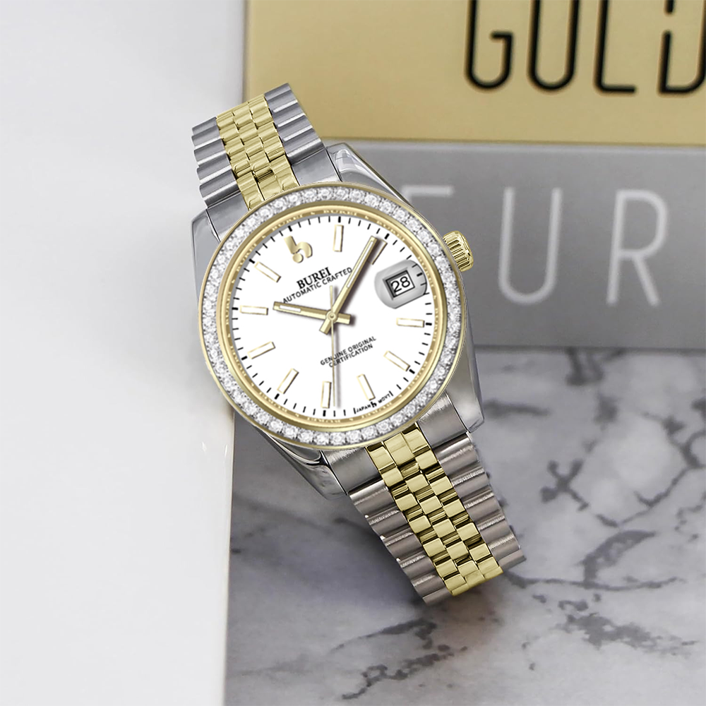 BUREI Luxury Automatic Watch 36mm, Fashion Waterproof Mechanical Watch, Adjustable Stainless Steel Two Tone Strap