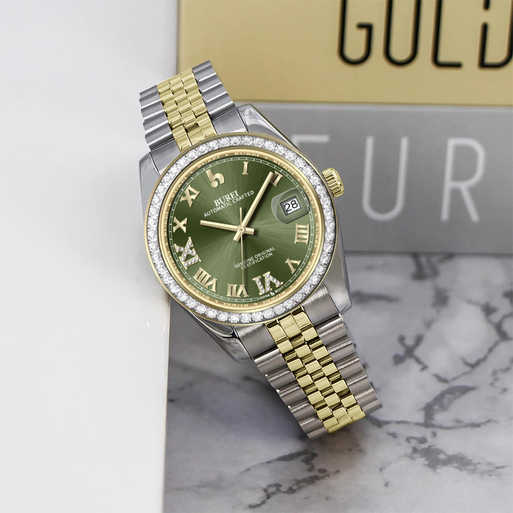 BUREI Luxury Automatic Watch 36mm, Fashion Waterproof Mechanical Watch, Adjustable Stainless Steel Two Tone Strap