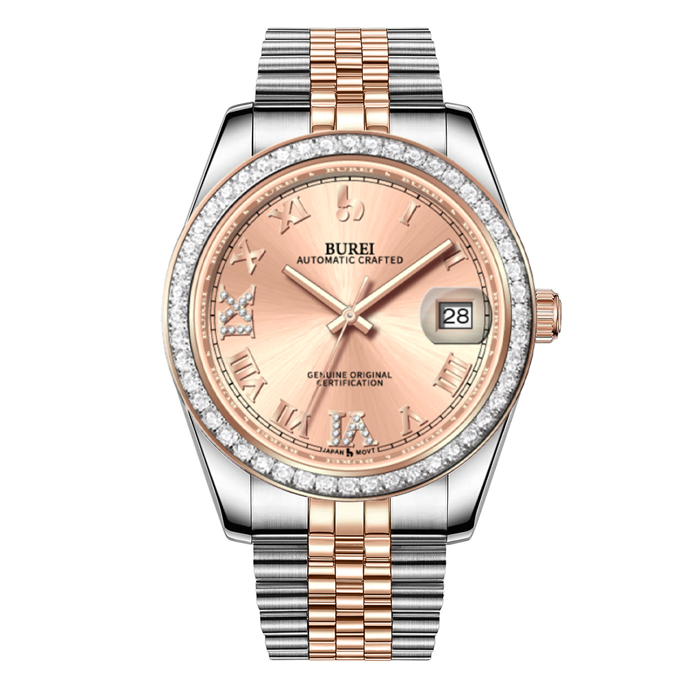 BUREI Luxury Automatic Watch 36mm, Fashion Waterproof Mechanical Watch, Adjustable Stainless Steel Two Tone Strap