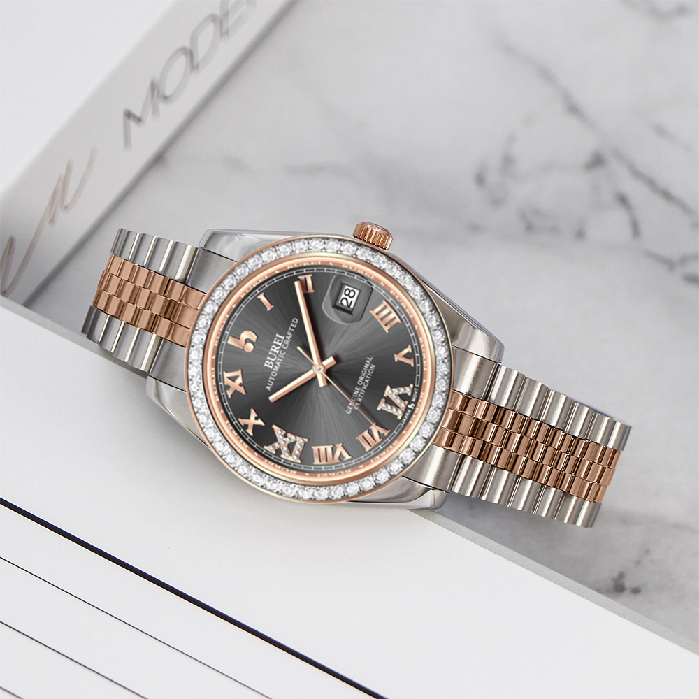BUREI Luxury Automatic Watch 36mm, Fashion Waterproof Mechanical Watch, Adjustable Stainless Steel Two Tone Strap