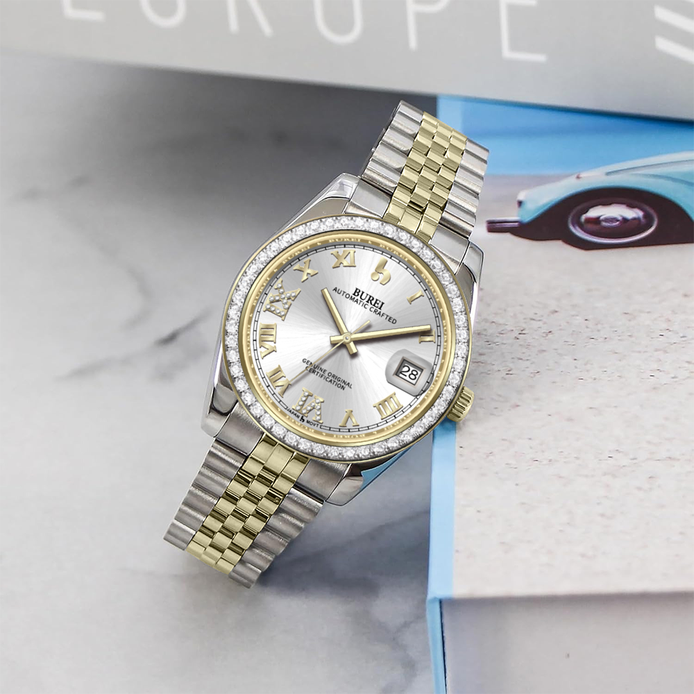 BUREI Luxury Automatic Watch 36mm, Fashion Waterproof Mechanical Watch, Adjustable Stainless Steel Two Tone Strap