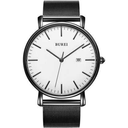 Men's Fashion Minimalist Wrist Watch Analog Blue Date with Silver Stainless Steel Mesh Band