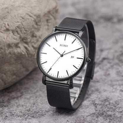Men's Fashion Minimalist Wrist Watch Analog Blue Date with Silver Stainless Steel Mesh Band