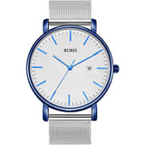 Men's Fashion Minimalist Wrist Watch Analog Blue Date with Silver Stainless Steel Mesh Band