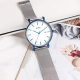 Men's Fashion Minimalist Wrist Watch Analog Blue Date with Silver Stainless Steel Mesh Band