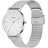 Men's Fashion Minimalist Wrist Watch Analog Blue Date with Silver Stainless Steel Mesh Band