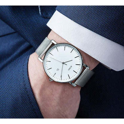 Men's Fashion Minimalist Wrist Watch Analog Blue Date with Silver Stainless Steel Mesh Band
