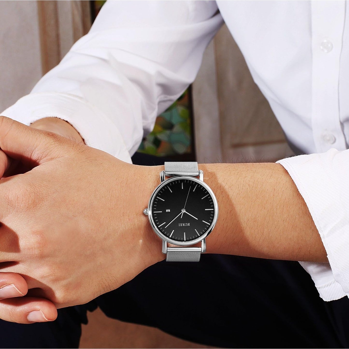 Men's Fashion Minimalist Wrist Watch Analog Blue Date with Silver Stainless Steel Mesh Band
