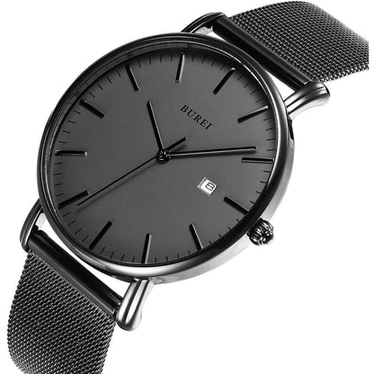 Men's Fashion Minimalist Wrist Watch Analog Blue Date with Silver Stainless Steel Mesh Band