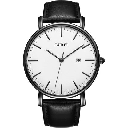 BUREI Men's Fashion Minimalist Wrist Watch Analog White Date with Brown Leather Band